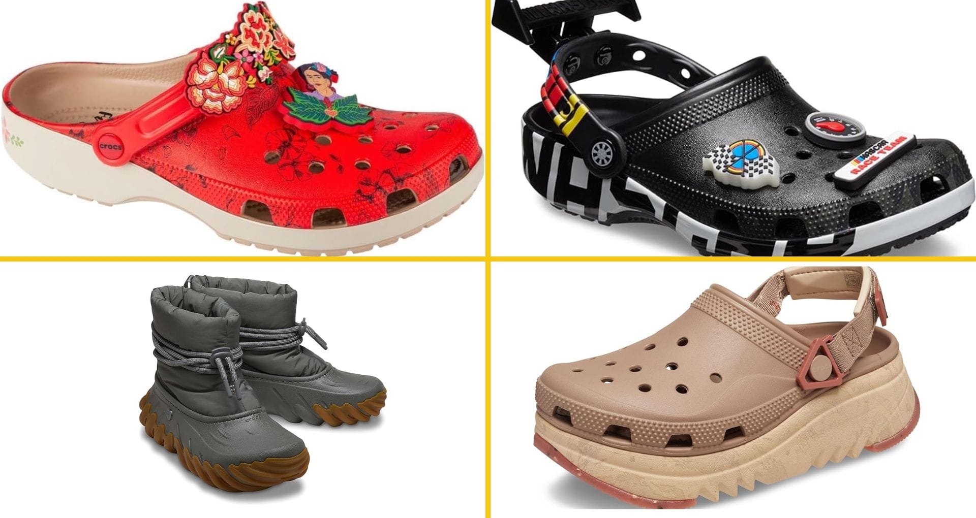 Four different styles of crocs shoes, slides, platforms and boots