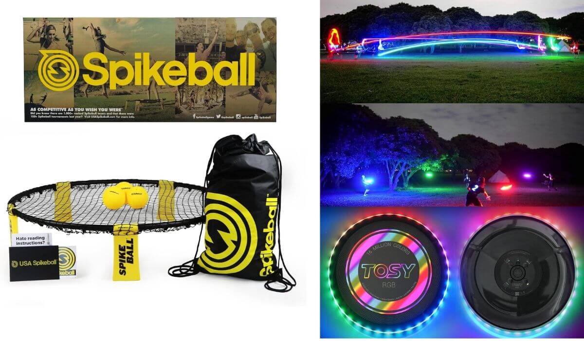 Outdoor backyard games, Spikeball and Tossy LED flying disc